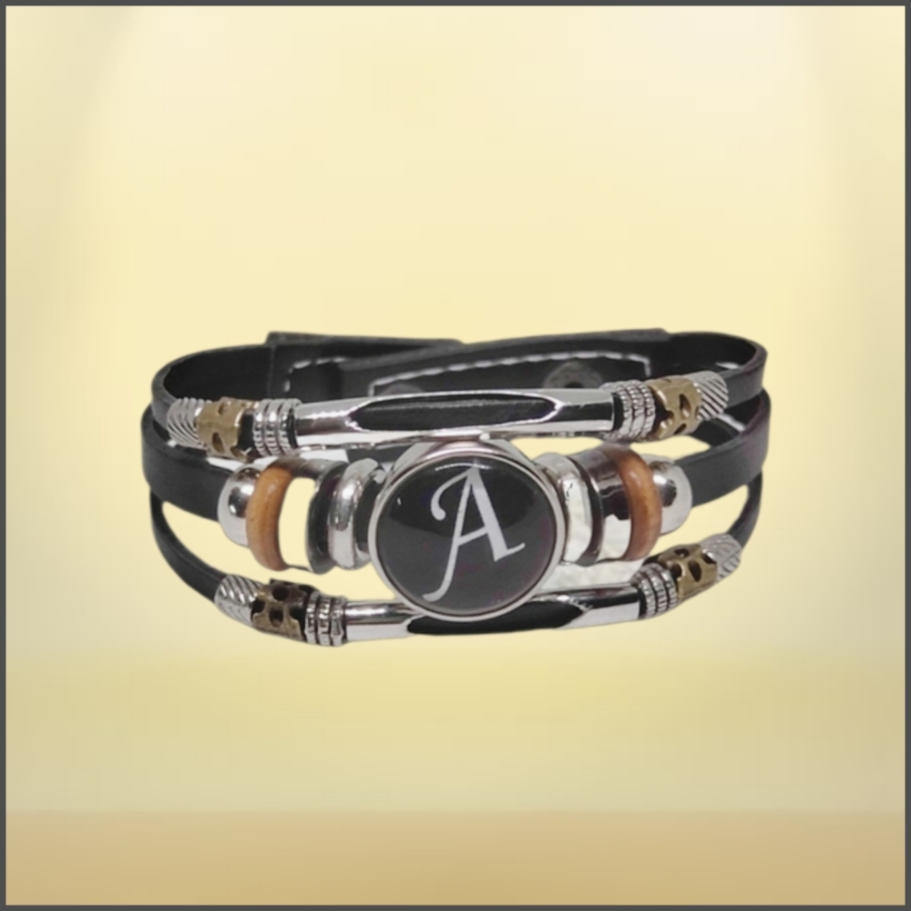 Triple Layer Letter "A" P.U. Black Leather Bracelet with Beads